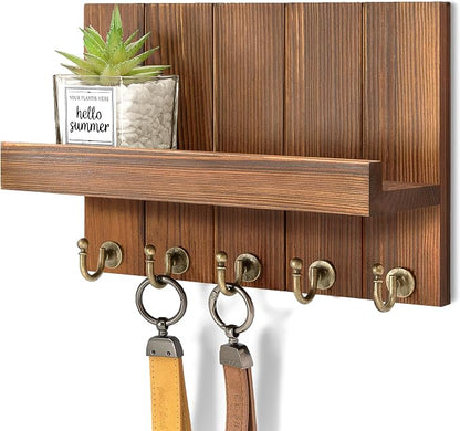 Rebee Vision Pine Wood Key Holder Wall Mount for Home Decor – Farmhouse Key Holder for Wall with Hooks & Floating Shelf – Ideal Mail Organizer for Home Organizaition (3.54" x 10" x 7.28", Retro Brown)