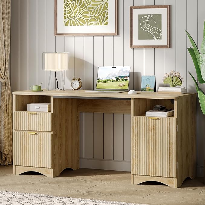 Bestier Computer Desk with 2 Drawer, 59 inch Office Desk with Storage Cabinet & 2 Open Storage, Fluted Executive Desk for Home Office & Studio, Brown Oak