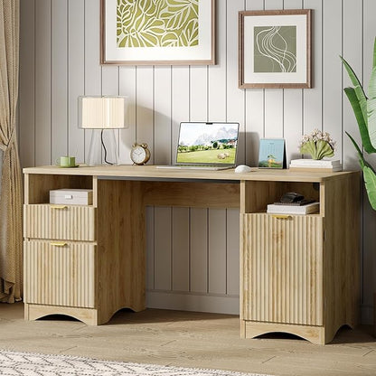 Bestier Computer Desk with 2 Drawer, 59 inch Office Desk with Storage Cabinet & 2 Open Storage, Fluted Executive Desk for Home Office & Studio, Brown Oak