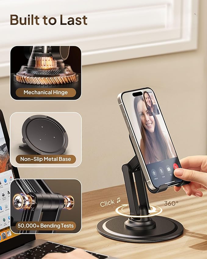 COOPER 360° Stand, [Gift Family Pack], Rotating Cell Phone Stand for Desk, Cell Phone Holder for Desk, iPhone Stand Holder, Sturdy Metal Base, Fits Samsung, Android Smartphones, (Piano Black, 2-Pack)