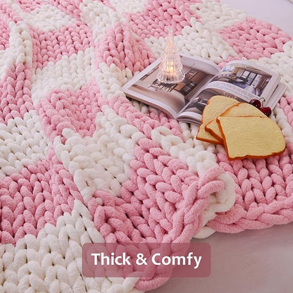 Admitrack Chunky Knit Blanket Throw 51"x63", 100% Hand Knit Chenille Throw Blanket for Sofa & Home Decor, Soft and Cozy Knitted Throw Blankets (Pink Checkered，51"x63")