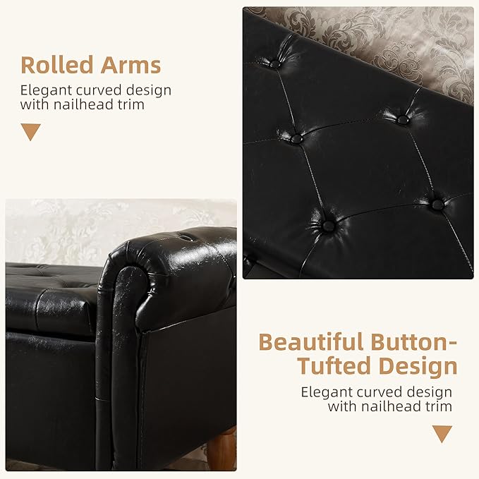 Storage Ottoman Bench, 50" Modern Upholstered End of Bed Bench, Faux Leather Rolled Armed Button-Tufted Ottoman with Storage for Living Room, Entryway, Window, Black