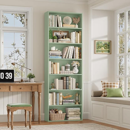 FACBOTALL 82" Tall Bookshelf, 7-Tier Open Shelves Bookcase, Freestanding Display Storage Shelves, Tall Bookcase Home Decor Furniture for Home Office, Living Room, Bedroom, Green