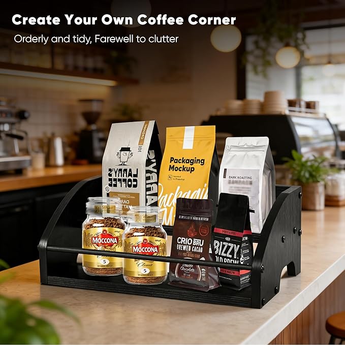 Mini Coffee Syrup Rack, 2-Tier | Syrup Bottles Holder, Liquor Bottle Display Shelf, Rustic Wooden Countertop Organizer, For Coffee Bar, Spirits, Tea