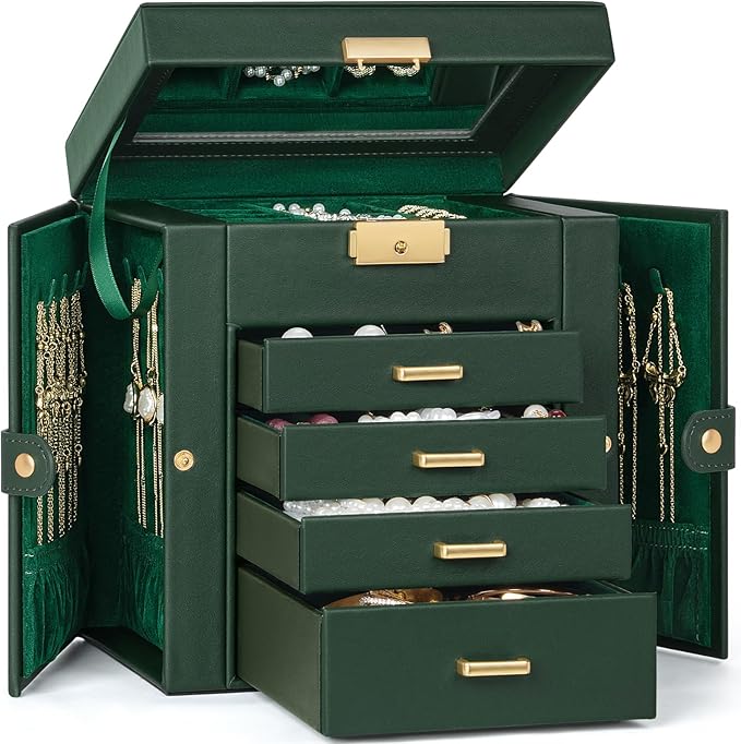 TORIBIO Jewelry Box for Women, Leather Jewelry Organizer with Mirror & Lock, 5-Tier Jewelry Storage Organizer with 4 Drawers for Girls/Women/Mothers, Necklace Earring Bracelets Holder Organizer