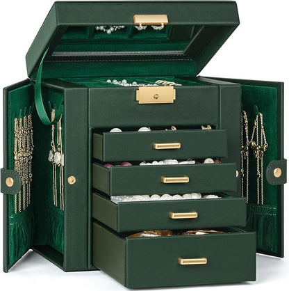 TORIBIO Jewelry Box for Women, Leather Jewelry Organizer with Mirror & Lock, 5-Tier Jewelry Storage Organizer with 4 Drawers for Girls/Women/Mothers, Necklace Earring Bracelets Holder Organizer