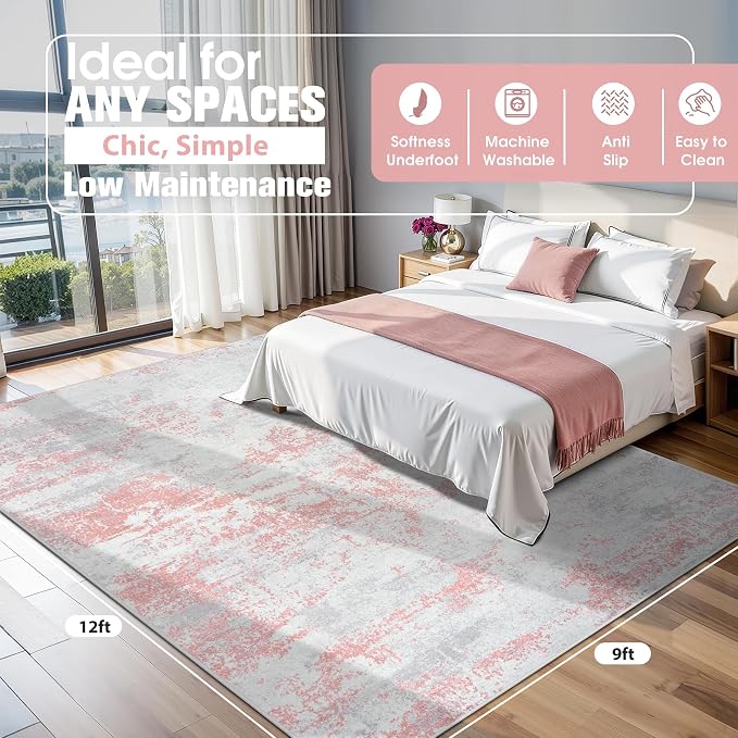 9x12 Area Rugs for Living Room Rug Washable: Abstract Large Rug for Dining Room Bedroom Carpet Non Slip 9 by 12 Indoor Modern Nursery Home Office Pink