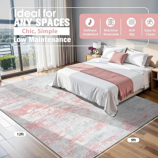 9x12 Area Rugs for Living Room Rug Washable: Abstract Large Rug for Dining Room Bedroom Carpet Non Slip 9 by 12 Indoor Modern Nursery Home Office Pink