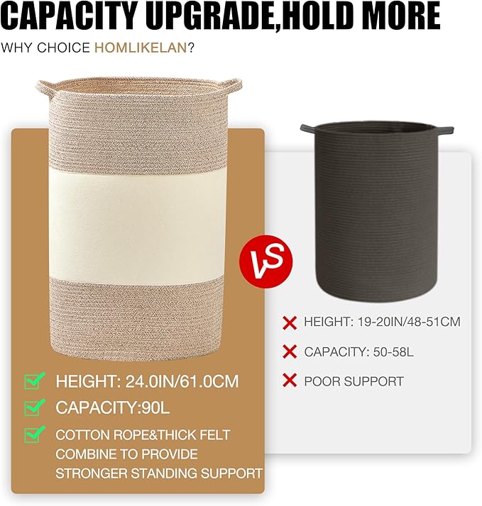 90L Jumbo Woven Laundry Hamper,17" x 17" x 24" Extra Large Laundry Basket for Blanket Storage,Tall Baby Nursery Hamper for Toys in Bedroom,Living Room Brown&White