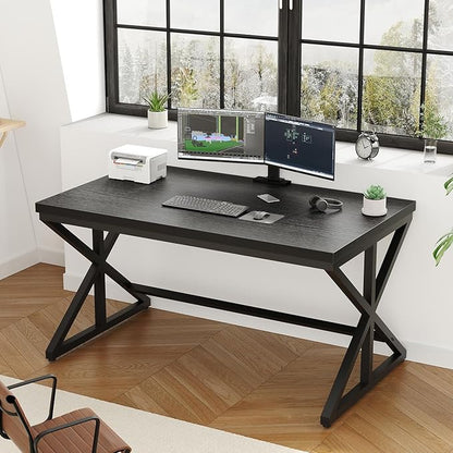 IBF Black Office Desk, Simple Wooden Computer Desks with Metal Legs, Modern Study Work Table for Student Executive, Spacious Writing Gaming Table for Home Bedroom Living Room, 47 Inch, Black Oak