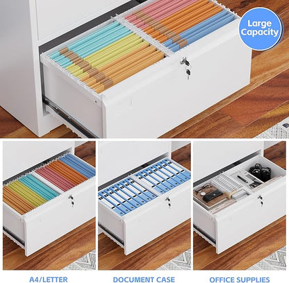 30.24" H Lateral File Cabinet with 2 Drawer,Metal Wide Filing Cabinet with 2 Locks and Business Card Slot for Home Office School Hanging Letter/Legal/F4/A4 Size Folders,Required Assembly,White