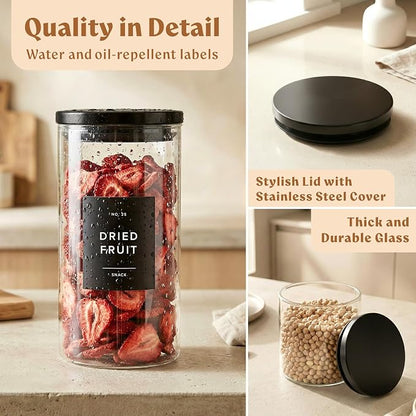 EDELHAUS Glass Storage Containers with Black Lids [4x40oz] Extra Thick Glas with 54 Labels - Canister For Pantry Noodles Flour Cereal Rice Sugar Tea Coffee Beans - Round Set