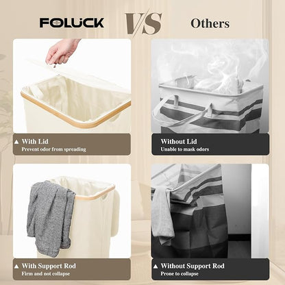 Foluck Large Laundry Hamper, 75L Waterproof Laundry Basket with Lid and Removable Bag, Collapsible Tall Clothes Hamper with Bamboo Handles for Clothes Toys in Dorm Bedroom Bathroom, Beige, ZYL201-W