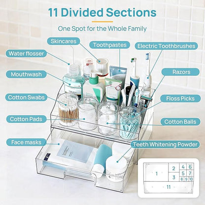 Vtopmart 6 PCS Bathroom Countertop Organizer, 1 Divided Tray with 4 Qtip Holder Jars and 1 Drawers, Restroom Clear Organizers for Toothbrush, Cotton Pads, Vanity Accessories Storage Set
