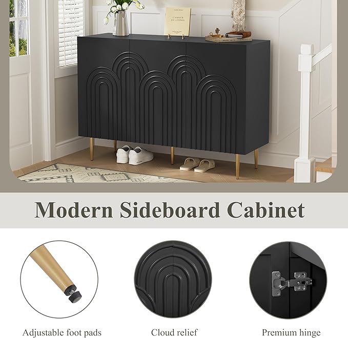 ARTPOWER 47" Accent Cabinet with Cloud Relief, Sideboard Buffet Cabinet with 3 Doors, Modern Decorative Credenza with Storage for Living Room, Kitchen, Dining Room, Hallway, Entryway, Black