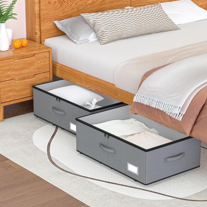 EE-RoomWorld Under Bed Storage with Wheels, No Assemble Required 12 inches height Under Bed Storage bins,Large capacity Rolling Underbed Shoe Storage containers，dorm underbed storage drawers