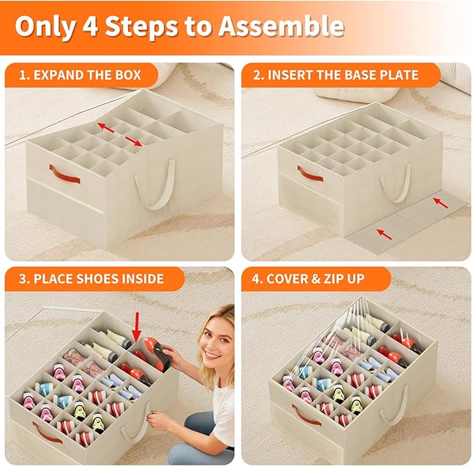 Aokeyee Shoe Organizer for Closet, 2 Pack Large Shoe Storage Box Fits up to 24-48 Pairs, Space Saving Foldable Shoes Organizer Bin w/Clear Cover and 4 Reinforced Handles, Beige