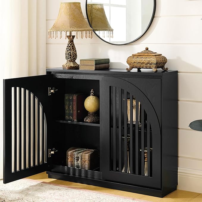 LKTART Arch Doors Sideboard Buffet Storage Cabinet,Mid Century Modern Storage Cabinet with Shelves,Wood Coffee Bar for Living Room, Kitchen, Hallway-Black