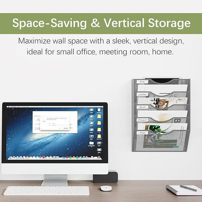 EasyPAG Wall File Organizer 5 Tier Hanging Paper Folder Holder, Zero Assembly Metal Mesh Wall Mounted Mail Organizer for Office Home Classroom Narrow Spaces, Silver