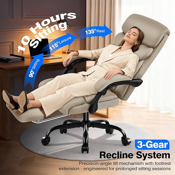 Office Chair - Ergonomic Comfortable High Back Computer Desk Chair with Foot Rest - Executive Breathable Swivel Rolling Reclining Leather Chair with Lumbar Support for Home Gaming Relaxing