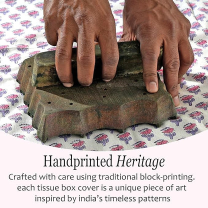 CPC Pink Sapphire Hand Block Printed Cotton Tissue Box Cover 5" x 5" x 5.5" Square Soft Reusable Boho Napkin Holder for Home Kitchen Dining Bathroom Office Cafe Spa Summer Thanksgiving