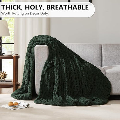 L'AGRATY Chunky Knit Blanket Throw: 80''x90'' Chenille Chunky Knitted Throw Blankets for Bed Couch - Handmade Thick Big Cable Knit Blanket - Large Crochet Rope Blankets for Home Decor(Green)