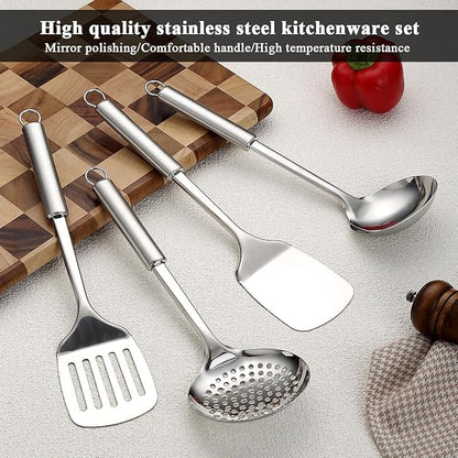 ReaNea Stainless Steel Cooking Utensils Set 4 Pieces, Kitchen Tools Set Include Metal Spatula Set, Kitchen Skimmer, Soup Ladle, Kitchen Gadgets Essentials New Home Must Have