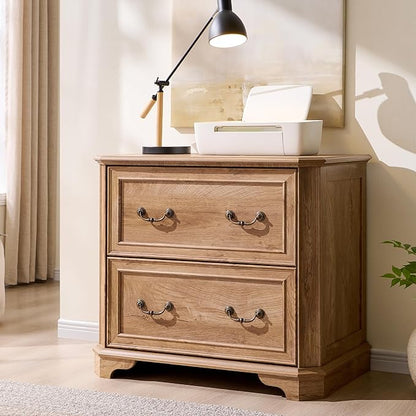 T4TREAM 2 Drawer File Cabinet with 34" Wide Wooden Tabletop, 34" Farmhouse Lateral Filing Cabinet with Smooth Rails, Holds Letter/Legal, Hexagonal Design & Framed Drawer Fronts, Light Knotty Oak