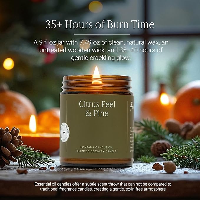 Fontana Candle Co Wood Wick Beeswax Jar Candles, Citrus Peel & Pine - Made with Coconut Oil & Pure Essential Oils – Clean Burn, Long Lasting and Non-Toxic Candles for Home & Room Decor