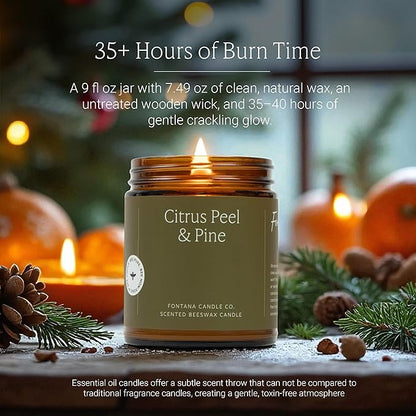 Fontana Candle Co Wood Wick Beeswax Jar Candles, Citrus Peel & Pine - Made with Coconut Oil & Pure Essential Oils – Clean Burn, Long Lasting and Non-Toxic Candles for Home & Room Decor