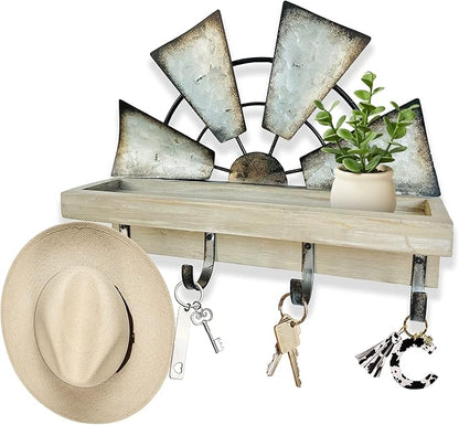 RootyHeart Windmill Key Holder Wall Mount, Decorative Wall Mounted Key and Mail Rack with Shelf, Farmhouse Wall Decor, 4 Rustic Hooks for Coats & Keys, Gray Western Key Holder