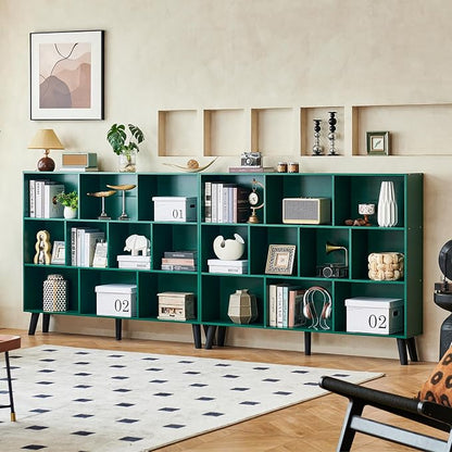 LEYAOYAO 10 Cube Bookshelf, 3 Tier Vintage 55" Wide Bookcase with Legs, Mid-Century Wood Bookshelves Storage, Dark Green Large Book Case, Freestanding Organizer Display Shelf for Living Room, Office