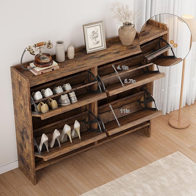 IDEALHOUSE Shoe Cabinet with 4 Flip Drawers,Hidden Wood Shoe Storage with Adjustable Shelf,Freestanding Shoe Organizer Rack for Entryway,Hallway,Living Room(Rustic Brown)
