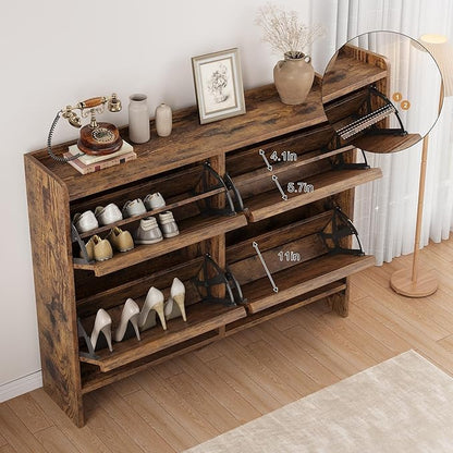 IDEALHOUSE Shoe Cabinet with 4 Flip Drawers,Hidden Wood Shoe Storage with Adjustable Shelf,Freestanding Shoe Organizer Rack for Entryway,Hallway,Living Room(Rustic Brown)