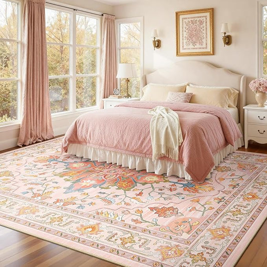 RELEANY Area Rugs Large 10'x14' Washable Non-Slip, Floral Vintage Distress Medallion Carpet for Living Room Bedroom Dining Room, Light Pink Colorful