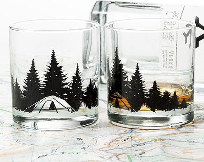 Black Lantern Camping in the Woods Whiskey Glasses – Set of 2 11oz Old Fashioned Glasses with Gift Box
