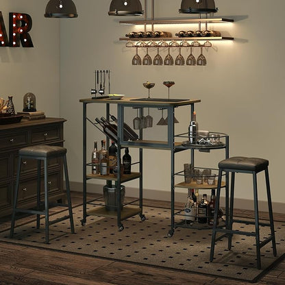 Bar Cart, Home Bar Service Cart with Wine Rack and Glass Holder, Kitchen Cart with Rolling Wheels, Metal Bar Rack with 7 Tiers Storage for Home, Kitchen, Living Room, Dining Room (Wood)