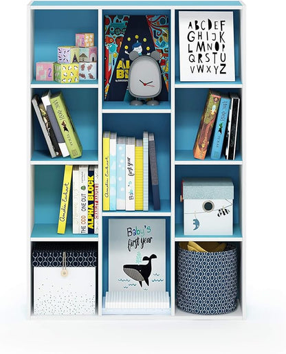 Furinno LUDER Book Shelf, 11-Cube Bookshelf, Reversible Bookcase, 9.4 x 29.1 x 41.7, for Living Room, Bedroom, Home Office, White/Light Blue