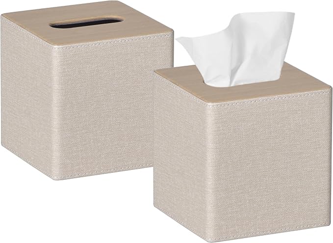GOLRANLYE Tissue Box Cover Square 2 Pack PU Leather Facial Tissue Box Holder for Dresser Bathroom Decor (Beige)