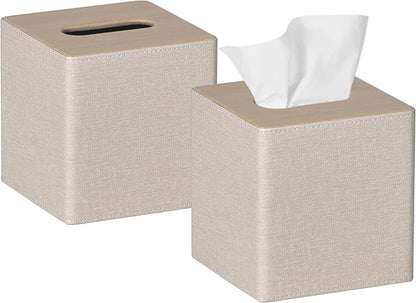 GOLRANLYE Tissue Box Cover Square 2 Pack PU Leather Facial Tissue Box Holder for Dresser Bathroom Decor (Beige)