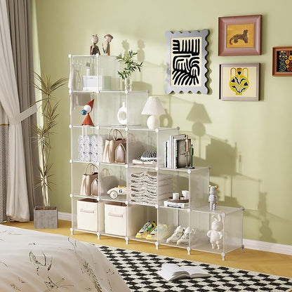 AWTATOS Cube Storage Organizer, 16 Cube Closet Organizers and Storage Shelves, DIY Stackable Bookshelf for Bedroom, Home, Translucent Twill