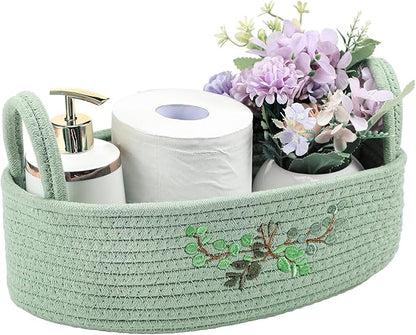 Vesici Eucalyptus Toilet Paper Basket Green Leaves Woven Cotton Rope Basket for Toilet Tank Top Botanical Bathroom Countertop Organizer for Bedroom Nursery Organizing, 13 x 6 x 4 Inch
