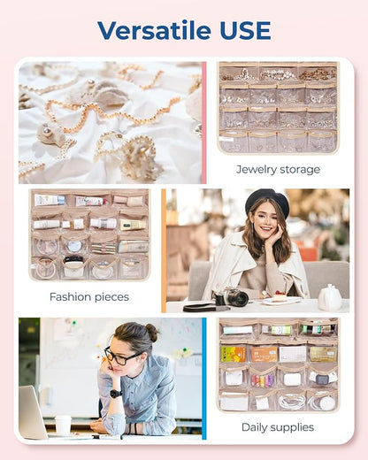 BAGSMART Hanging Jewelry Organizer, Necklace Holder Anti-tangle Earrings Rings Hanger with Pockets Hang on Closet, Wall, Door,1 Piece, Extra Large Beige