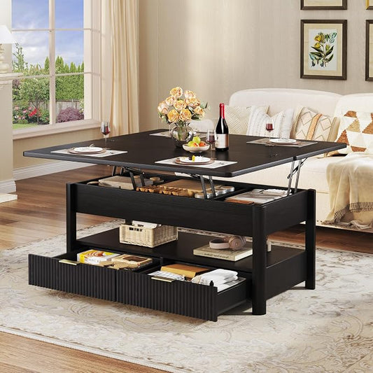HUAHUU 40" Lift Top Coffee Table with Storage, 4 in 1 Square Coffee Table with Hidden Compartment & Open Shelf & 2 Drawers, Modern Coffee Tables with Lifting Top for Living Room, Home, Office, Black