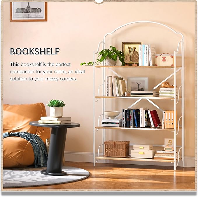 4NM No Assembly Extra Wide Folding Bookshelf for Living Room, 4 Tiers Collapsible Book Shelves Open Industrial Foldable Bookcase Storage Shelf for Home Office - Cloud Oak
