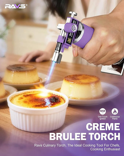 RAVS 2 Flame Mode Butane Torch Lighter, Refillable Kitchen Torch with Adjustable Flame & Safety Buckle, Metal Body Cooking Torch for Baking, BBQ, Purple Soldering Torch Butane Gas Not Included