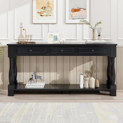 Knocbel Long Console Table with 3 Drawers & Bottom Open Shelf, Solid Wood Mediterranean Entry Sofa Table for Entryway Hallway Living Room, 63" W x 14.8" D x 30" H, Espresso