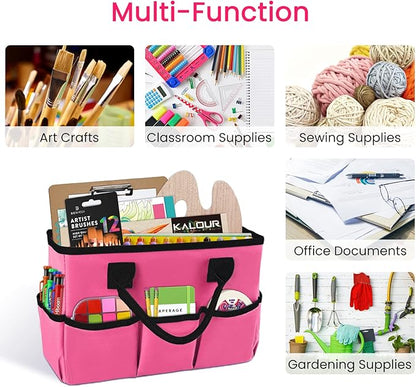 Godery Desktop Tote and Organizer, Teacher Helper caddy Bag for Arts, Books, Stationery, Office Desk Organization, Make-up Storage with Handles for Travel (PINK)