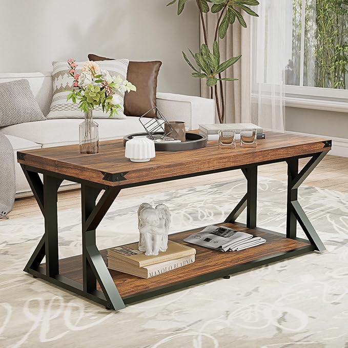 Rectangular Coffee Table, 43" Industrial Living Room Center Tables with Storage Shelf, Heavy-Duty Farmhouse Cocktail Tea Table with Angle Iron Tabletop&Metal Frame, Rustic Brown