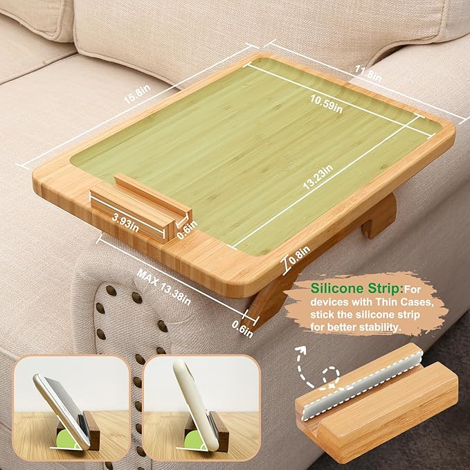 SINWANT Couch Arm Tray Table, Large Space 15.75"x 11.8" Bamboo Couch Armrest Table with 360° Rotating Phone Holder,Foldable Sofa Armrest Tray for Eating Snacks Drinks Remote Books